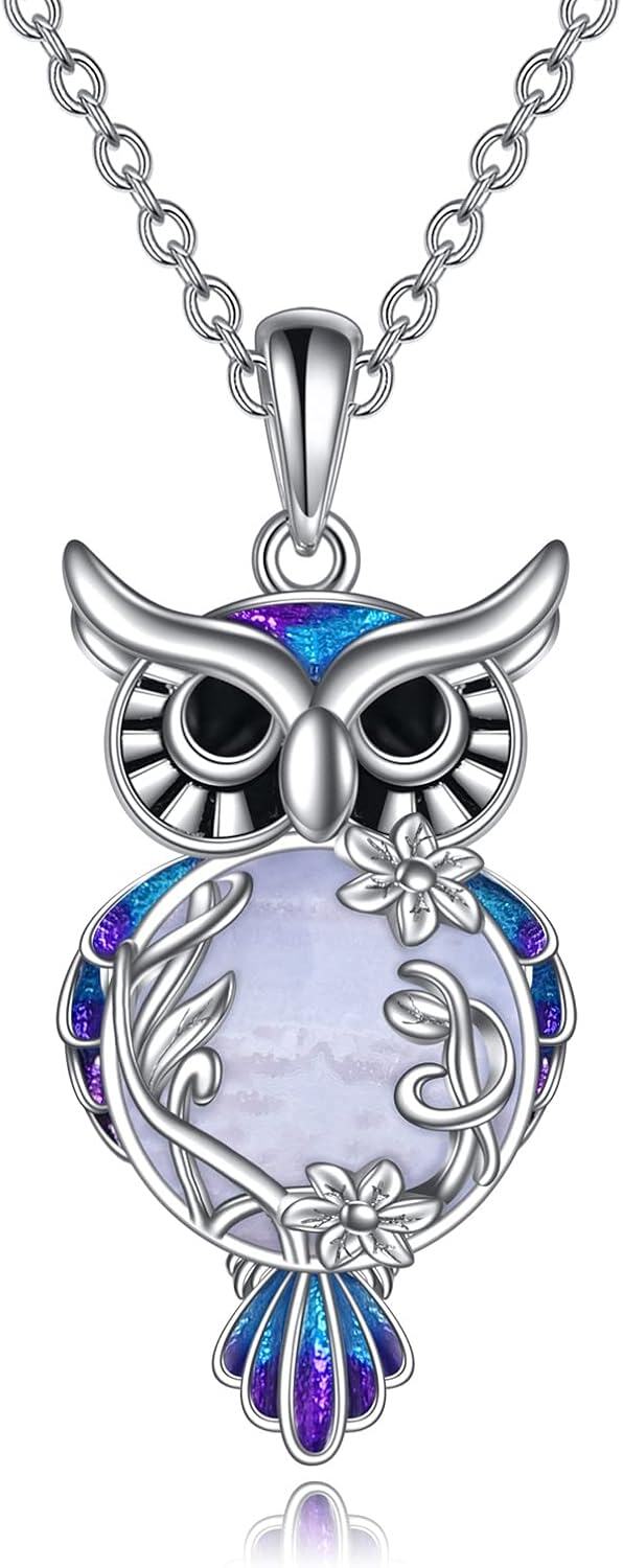 wholesale 925 Sterling Silver Purple Moonstone Filigree Owl Pendant Necklace for Women-0-0