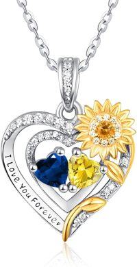 wholesale Sterling Silver 2 Birthstones Sunflower Heart Necklace for Women-09-11-Sept-Nov
