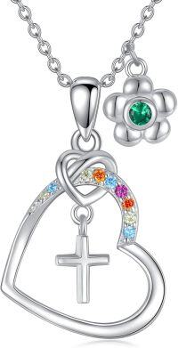 wholesale Gold Cubic Zirconia Cross Necklace Birthstone Jewelry for Women Baptism Communion Confirmation Gifts-05-emerald-May