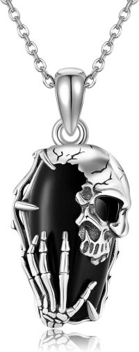 wholesale 925 Sterling Silver Black Onyx Skull Hand Coffin Moon Pendant Gothic Necklace for Women-Skull Coffin