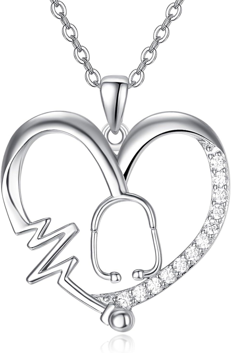 Sterling Silver Heart Caduceus Stethoscope Pendant Necklace for Women-0-0