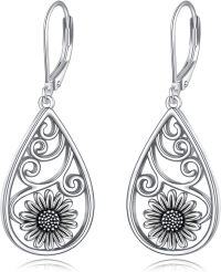 wholesale 925 Sterling Silver Teardrop Flower Drop Earrings with Sunflower and Hummingbird Design-Sunflower Leverback Earrings