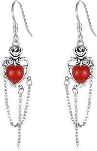wholesale 925 Sterling Silver Red Agate Rose Drop Dangle Chain Earrings Gothic Jewelry-red