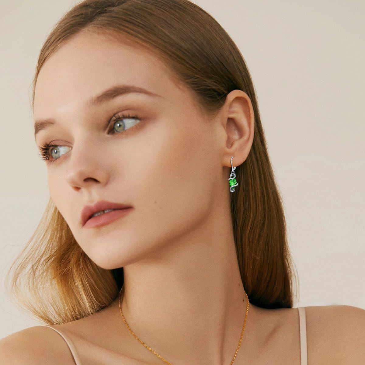 Sterling Silver Crystal Vintage Snake Dangle Drop Leverback Earrings for Women-0-2