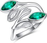 wholesale Sterling Silver Leaf Ring with Birthstone Adjustable Wrap Promise Engagement Wedding Rings for Women-Green Emerald