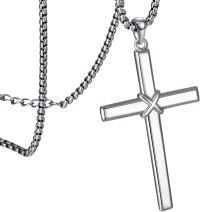 wholesale Cross Necklace For Men Women 925 Sterling Silver Beveled Edge Cross Pendant With 22"+2" Stainless Steel Chain Religious Protection Jewelry Christmas Gifts For Him Her Boyfriend Girlfriend Husband Wife -undefined