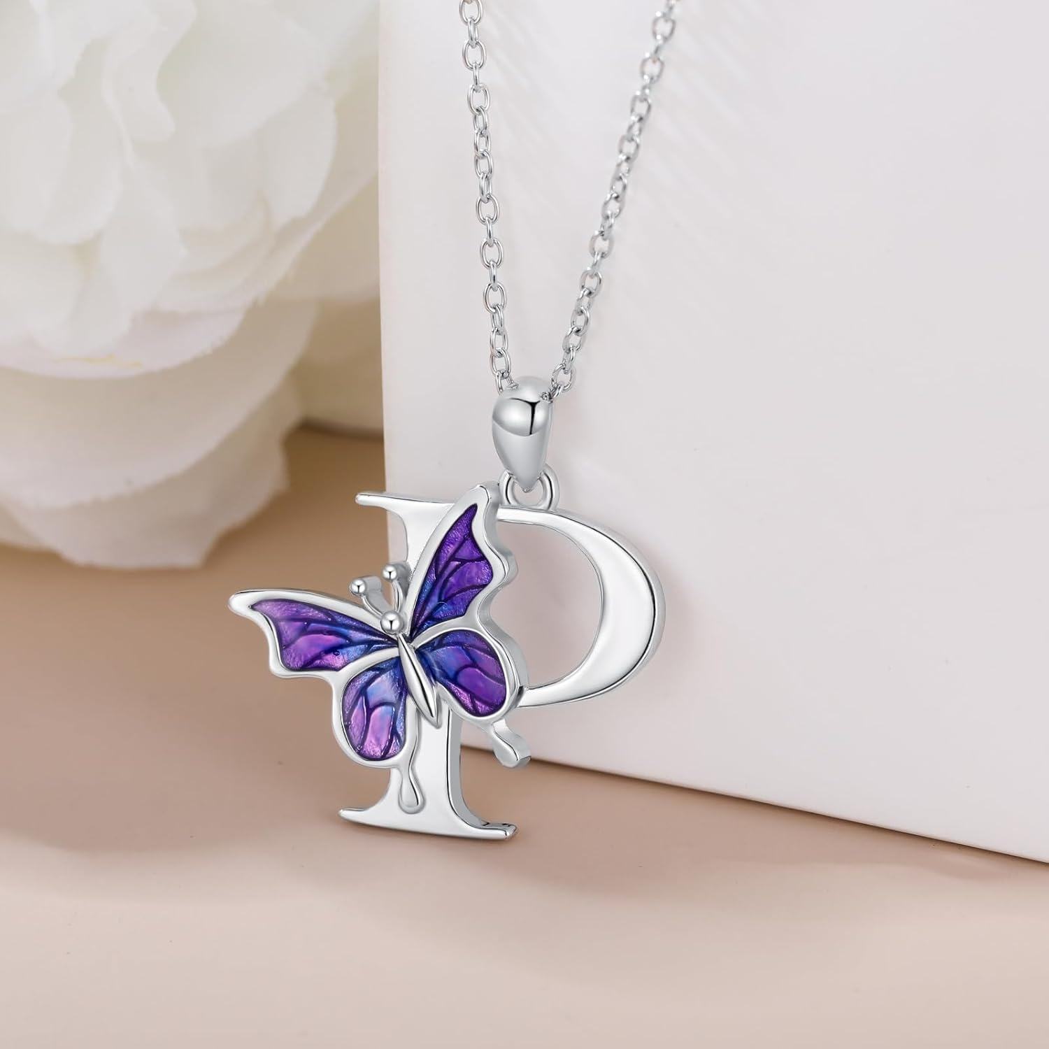 wholesale 925 Sterling Silver Purple Butterfly A Z 26 Letters Pendant Necklace-0-4
