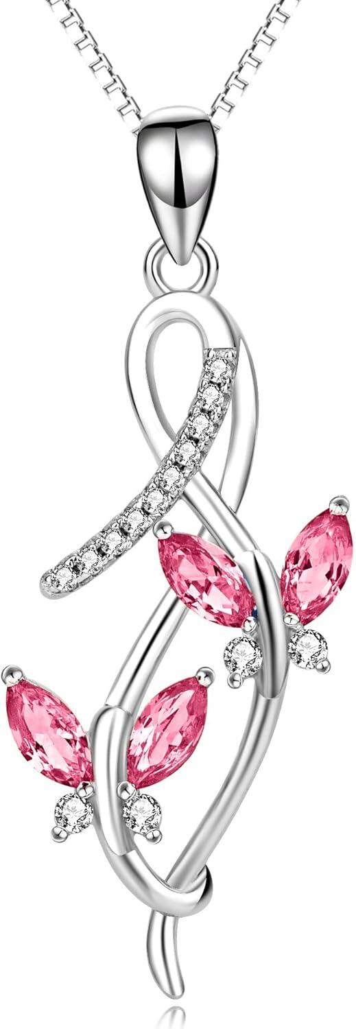 Sterling Silver Austrian Crystal Infinity Butterfly Pendant Necklace-A-Pink