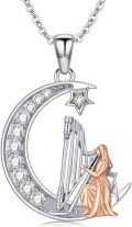 wholesale 925 Sterling Silver Crescent Moon & Star with Harp Pendant Necklace Musical Instrument  for Women-0-0