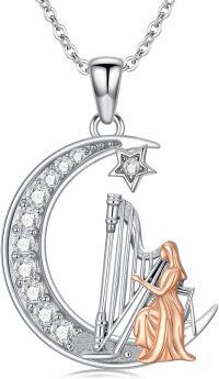 wholesale 925 Sterling Silver Crescent Moon & Star with Harp Pendant Necklace Musical Instrument  for Women-Harp