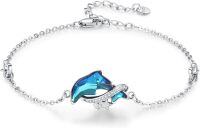 wholesale 925 Sterling Silver Metal Blue Crystal Dolphin Bracelet for Women - Ocean Theme Beach Jewelry-Blue Crystal Dolphin Bracelet