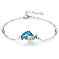 wholesale 925 Sterling Silver Metal Blue Crystal Dolphin Bracelet for Women - Ocean Theme Beach Jewelry-Blue Crystal Dolphin Bracelet