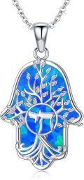 wholesale 925 Sterling Silver Blue Opal Tree of Life Hamsa Hand Pendant Necklace-0-0