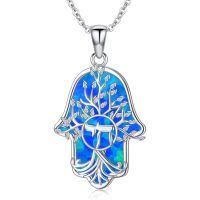 wholesale 925 Sterling Silver Blue Hamsa Hand Pendant With Tree Of Life Design-Chai-Blue Opal