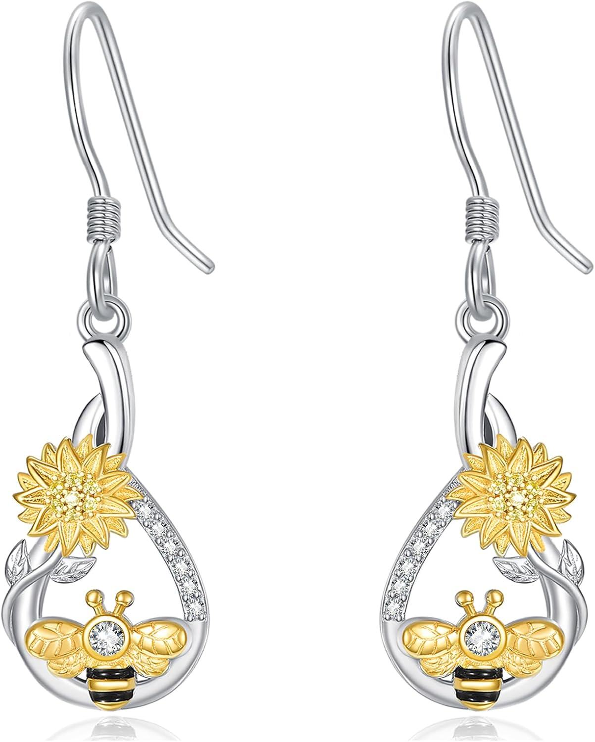 wholesale 925 Sterling Silver AAA Cubic Zirconia Bee Sunflower Dangle Drop Earrings-0-0