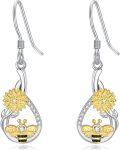 wholesale 925 Sterling Silver AAA Cubic Zirconia Bee Sunflower Dangle Drop Earrings-0-0