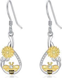 wholesale 925 Sterling Silver AAA Cubic Zirconia Bee Sunflower Dangle Drop Earrings-French Wire