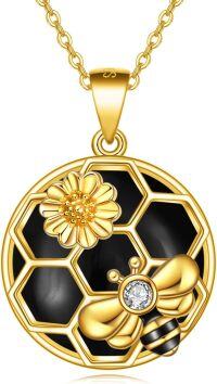 wholesale 925 Sterling Silver Plated Sterling Gold 925 Honeycomb Flower and Bee Pendant Necklace for Women-Bee necklace onyx