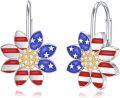 wholesale 925 Sterling Silver American Flag Flower Leverback Earrings - Patriotic Stars & Stripes Jewelry for Women-0-0