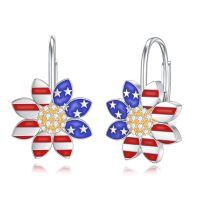 wholesale 925 Sterling Silver American Flag Flower Leverback Earrings - Patriotic Stars & Stripes Jewelry for Women-Daisy&Patriotic