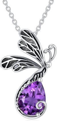 wholesale Sterling Silver Natural Created Gemstone Dragonfly Necklace Pendant-02-Feb-Amethyst