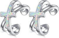wholesale 925 Sterling Silver Opal Cross Ear Cuff Non-Pierced Cartilage Clip-On Helix Jewelry-Silver-Opal