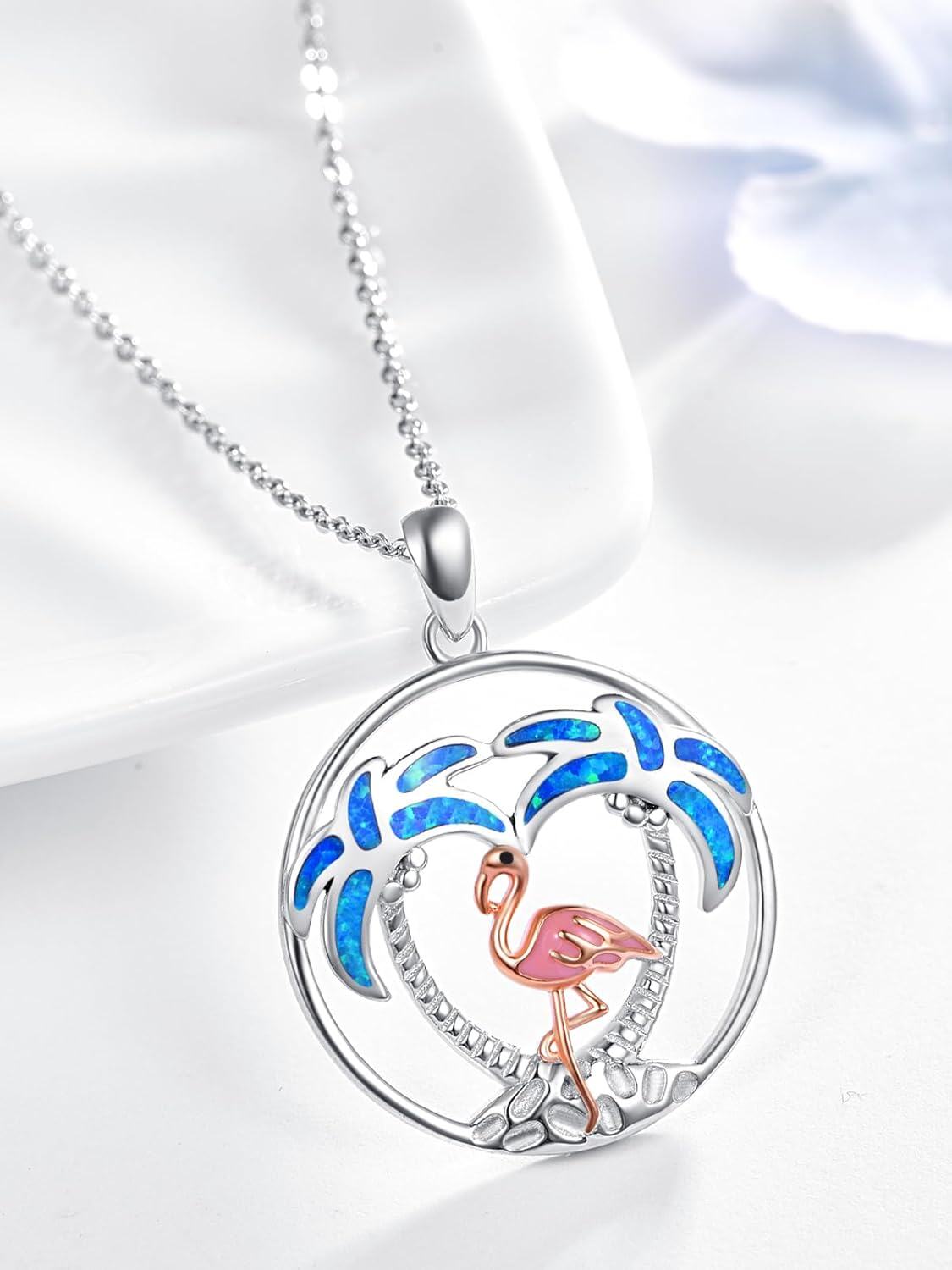 Sterling Silver Opal Pink Flamingo Pendant Necklace Palm Tree Jewelry-0-3
