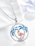 wholesale 925 Sterling Silver Blue Fire Opal Pink Flamingo in Palm Tree Design Pendant Necklace for Women Girls Gift Jewelry Accessories 45cm Chain Length-0-2