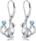 wholesale Sterling Silver Red Heart Cute Cat Dangle Earrings for Women-0-9