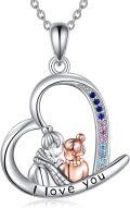 wholesale 925 Sterling Silver Heart-Shaped Pendant with Multi-Colored Stones for Mother and Daughter - I Love You Message Necklace Gift for Mom-0-0