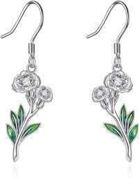 wholesale 925 Sterling Silver Purple Poppy Flower Drop Dangle Earrings with Green Leaves and CZ Stones for Women Girls -Drop-Jan.-Carnation Earrings