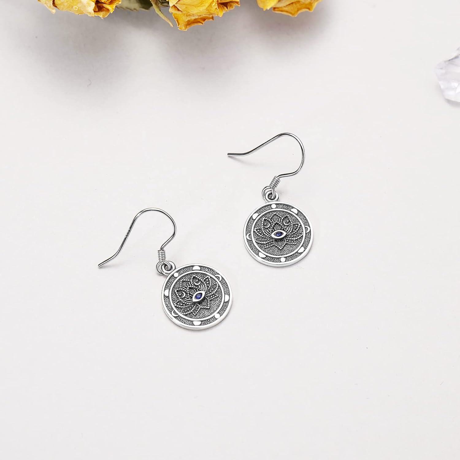 925 Sterling Silver Round Lotus Flower Evil Eye Dangle Drop Earrings s for Women Girls-0-1