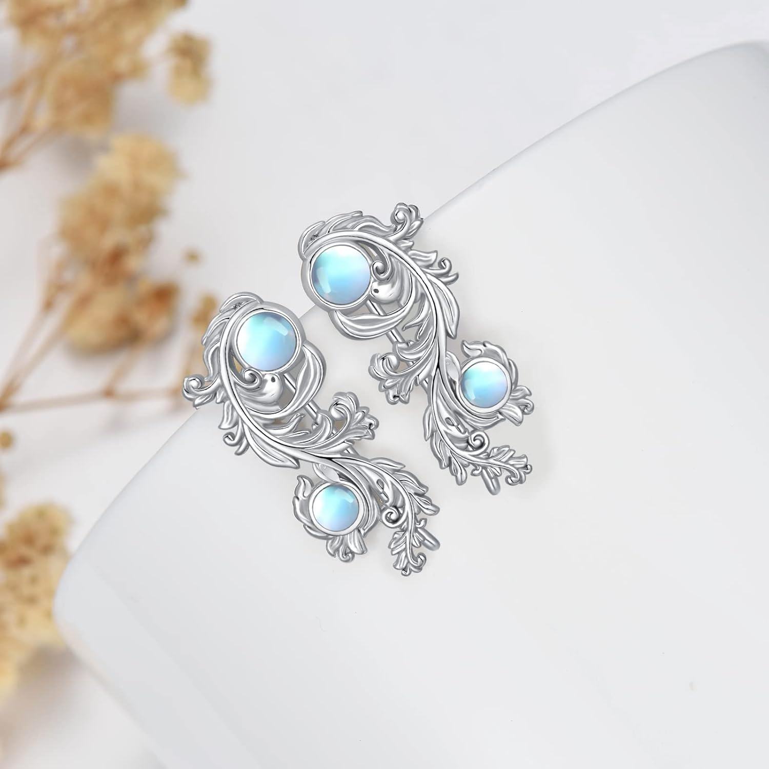 925 Sterling Silver Blue Moonstone Flower Vine Ear Climbers Jewelry for Women Girls Gift-0-1