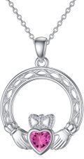 wholesale 925 Sterling Silver Claddagh Necklace w Simulated Birthstone Celtic Knot Heart Pendant-0-0