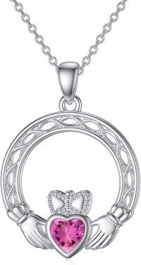 wholesale 925 Sterling Silver Claddagh Necklace w Simulated Birthstone Celtic Knot Heart Pendant-10-October