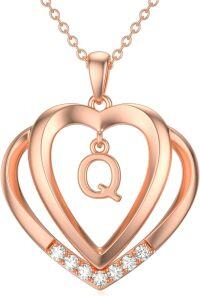 wholesale Sterling Silver Moissanite Heart Initial Pendant Necklace for Her-Rose Gold - Q Initial