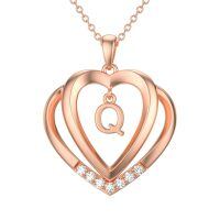 wholesale 925 Sterling Silver Moissanite Heart Initial Pendant Necklace for Her-Rose Gold - Q Initial
