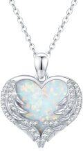 wholesale 925 Sterling Silver White Fire Opal Heart with Wings Pendant Necklace for Women Gifts-0-0