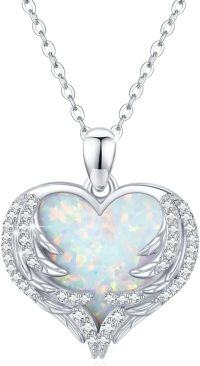 wholesale 925 Sterling Silver White Fire Opal Heart with Wings Pendant Necklace for Women Gifts-White Opal Wings