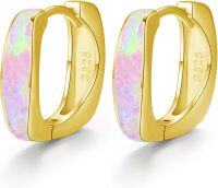 wholesale 925 Sterling Silver Pink Opal Huggie Hoop Earrings with Yellow Gold Tone for Women-14K gold-Pink