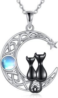 wholesale 925 Sterling Silver Abalone Shell Moon & Cats Pendant Necklace for Cat Lovers Gifts-2 Black Cat Moonstone