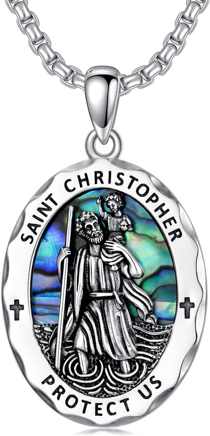 wholesale 925 Sterling Silver Oval St Christopher Protect Us Medal w/ Abalone Shell & Chain-0-0