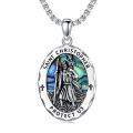 wholesale 925 Sterling Silver Oval St Christopher Protect Us Medal w/ Abalone Shell & Chain-0-0