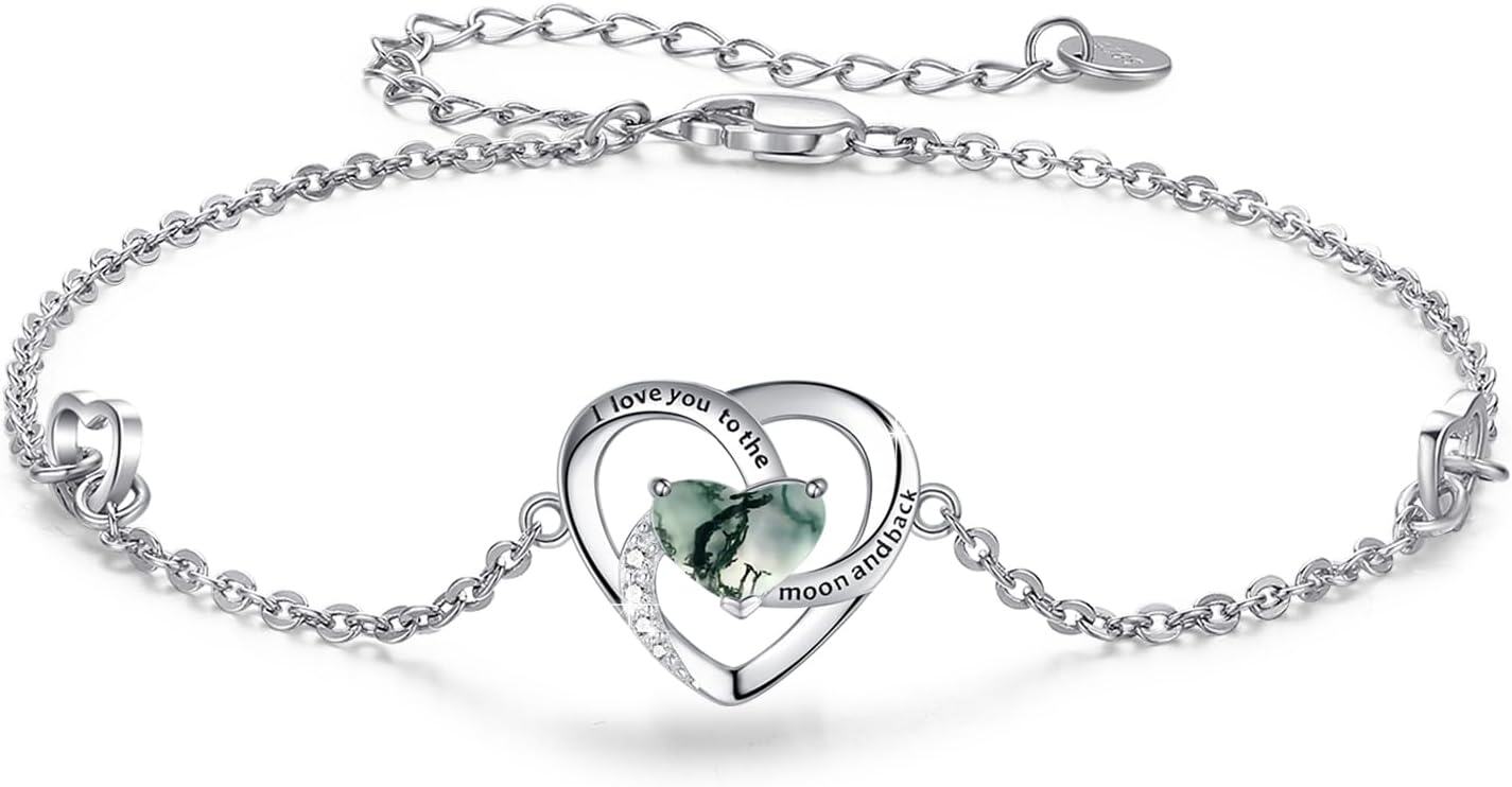 Sterling Silver Opal Turquoise Heart Bracelet I Love You to the Moon Back Adjustable Valentine s Gift for Women Girls-A04-Moss Agatet Bracelet