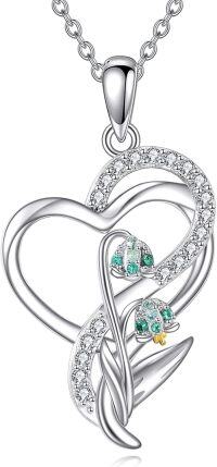 wholesale 925 Sterling Silver Green Crystal Floral Heart Pendant Necklace-Lily of the Valley