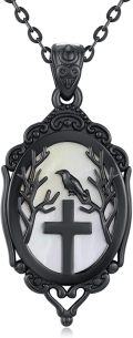 wholesale 925 Sterling Silver Gothic Raven Cross Pendant Necklace - Black & White Stone Halloween Crow  for Women-0-0