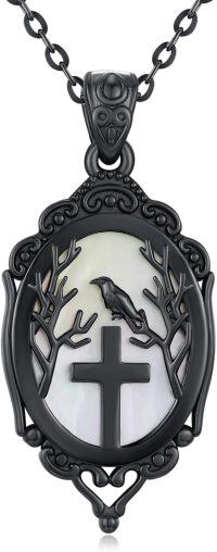 wholesale 925 Sterling Silver Gothic Raven Cross Pendant Necklace - Black & White Stone Halloween Crow  for Women-Raven