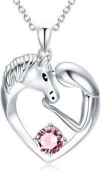 wholesale 925 Sterling Silver Birthstone Crystal Horse Heart Necklace Women s Jewelry Gift-J-October-Pink