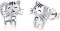 wholesale 925 Sterling Silver Cute Cat Stud Earrings with Heart Design for Women and Girls-0-0