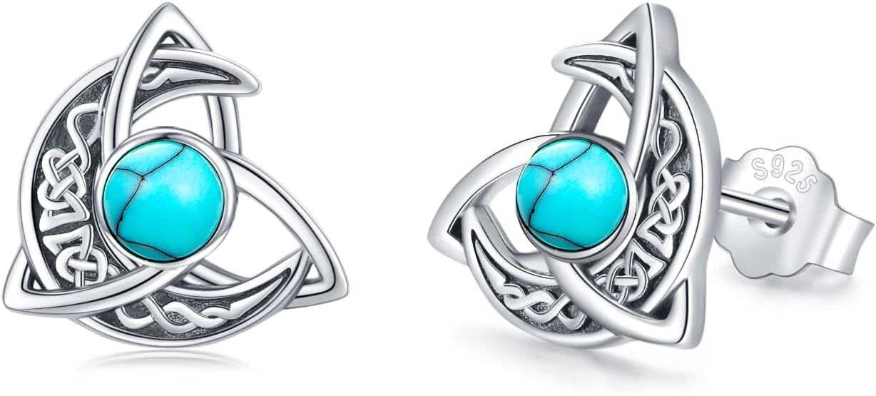 925 Sterling Silver Turquoise Celtic Triquetra Stud Earrings - Vintage  for Her-0-0